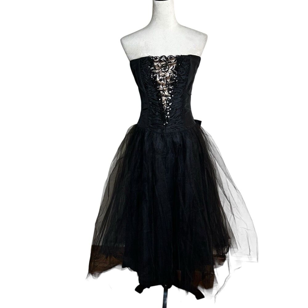 Vintage Gunne Sax Strapless Black‎ Corset Tulle Dress S | Whimsigoth Prom Formal